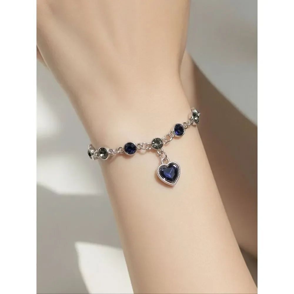 Elegant Blue Heart Crystal Bracelet Silver Stainless Steel Adjustable Feminine